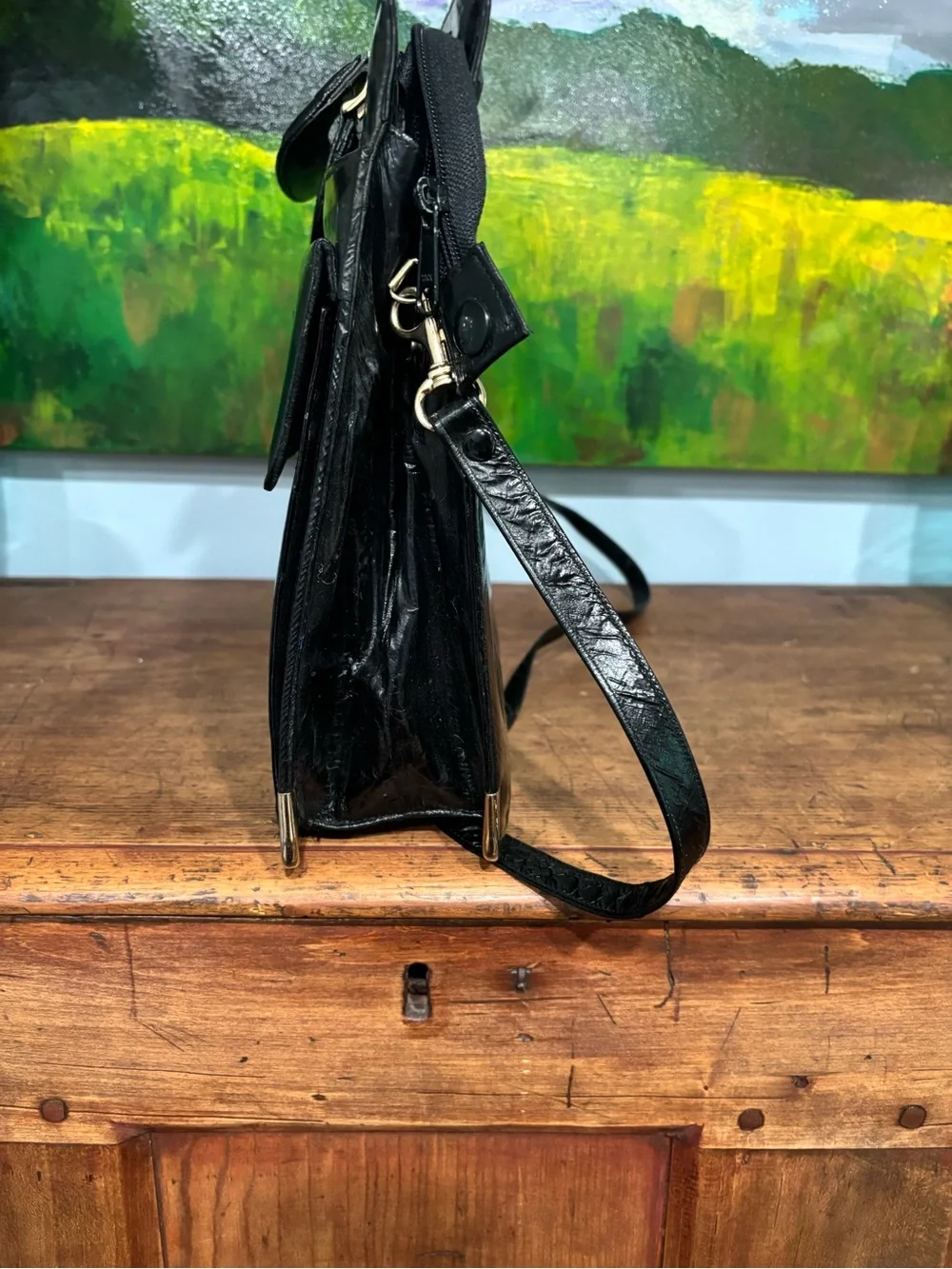 Vintage 80s Genuine Eel Skin Briefcase Crossbody Bag Black Gold Corners